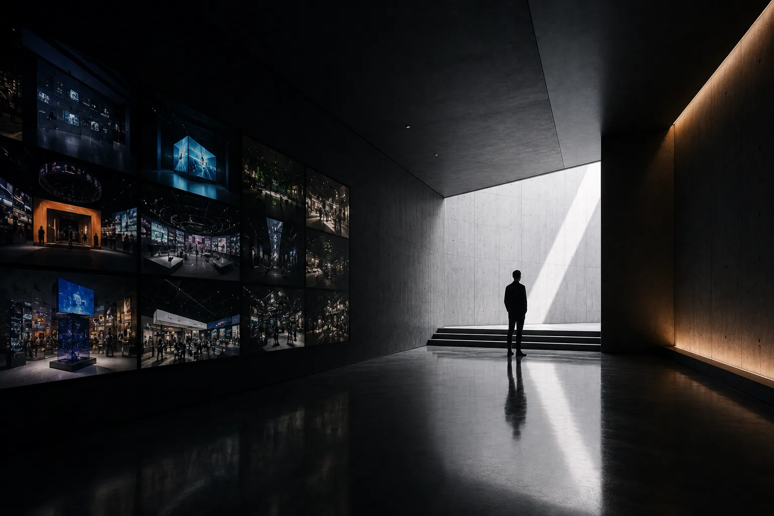 Concept render of a gallery hall with a video wall of activation scenes and a daylit concrete corridor