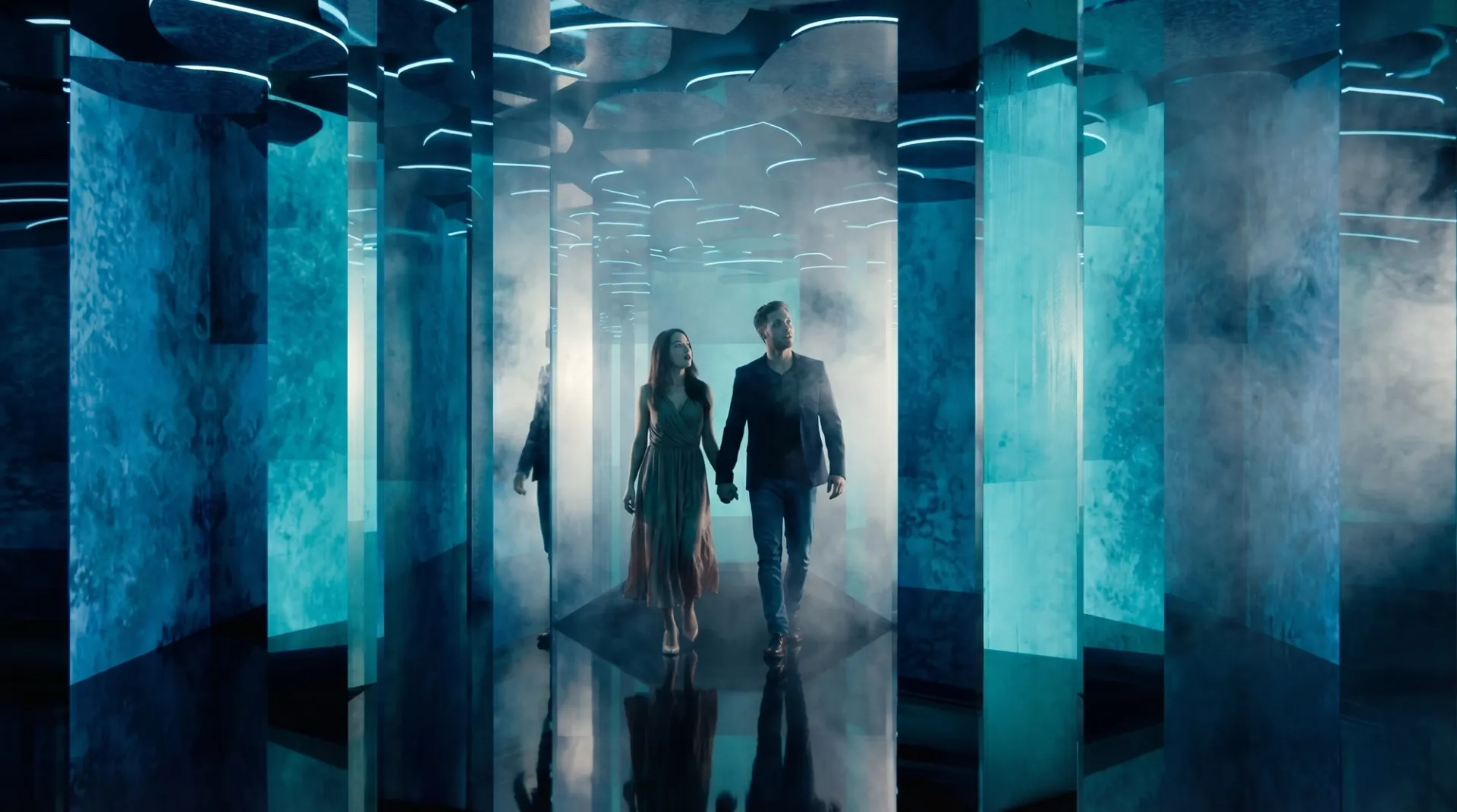 Concept render of a corridor of backlit frosted-glass panels