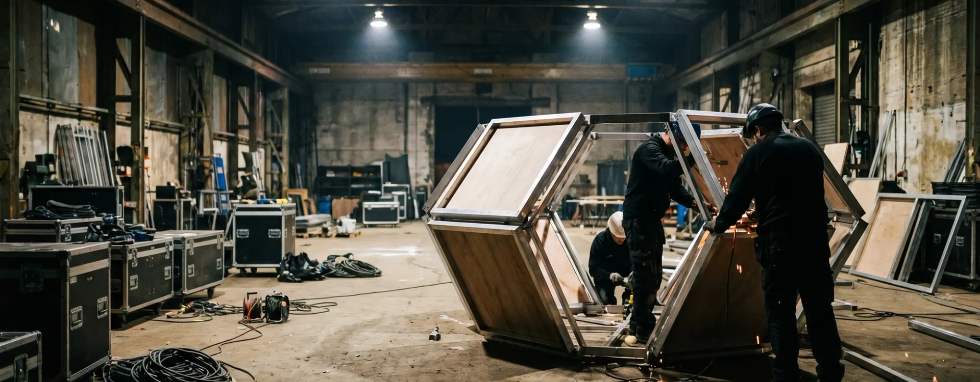 Concept render of a fabrication workshop with a modular exhibit structure in assembly