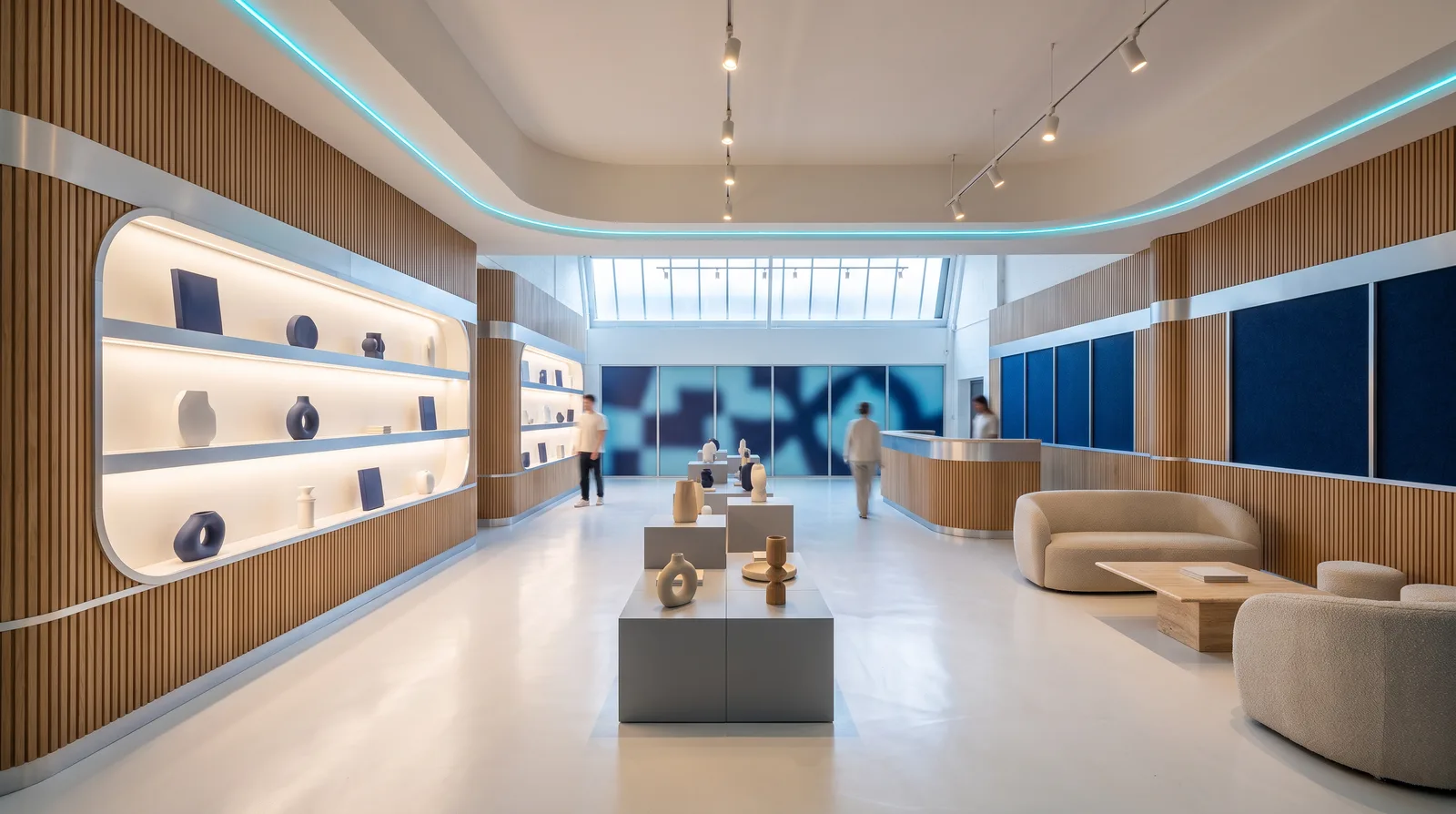 Concept render of a retail interior with oak slat walls, backlit display shelves, and a curved reception counter