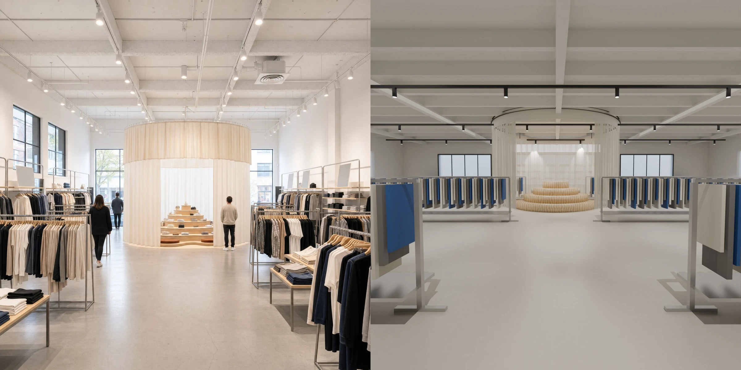 Retail community environment concept render and 3D model comparison