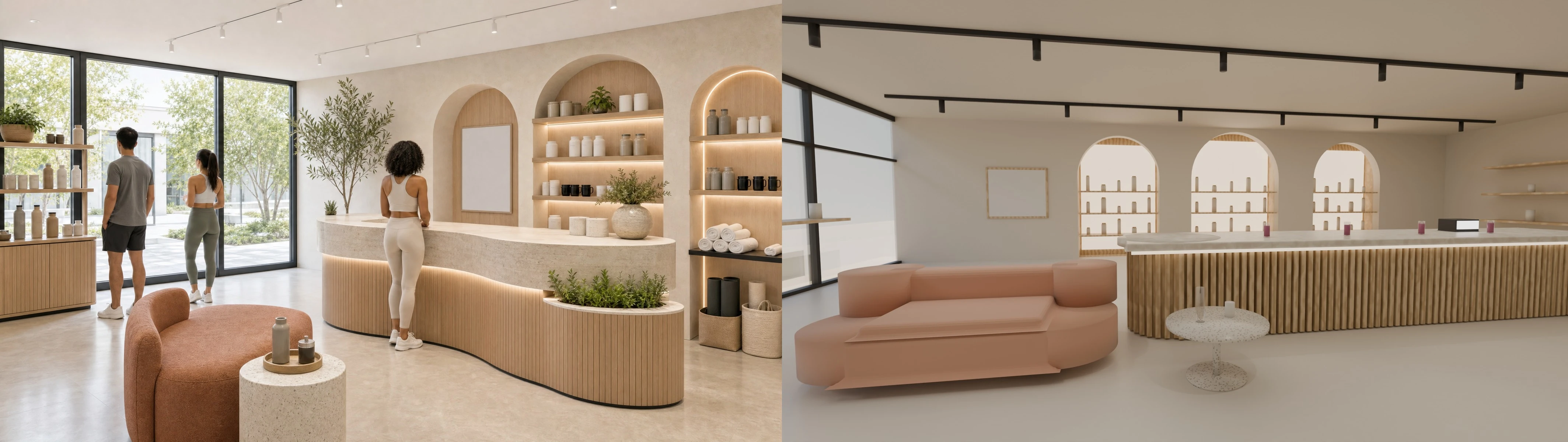 Wellness retail activation concept render and 3D model comparison